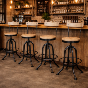 Recycled Elm and Iron Stool with Backrest DL011